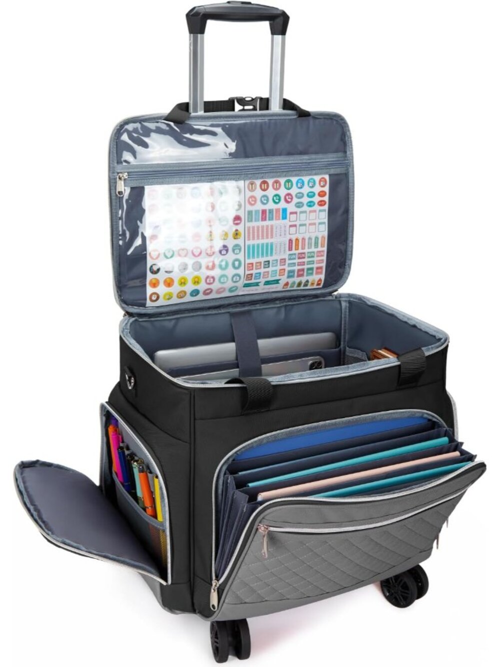 Rolling Teacher Tote Bag with Wheels, Rolling Briefcase for Women, 15.6 Inch Lap